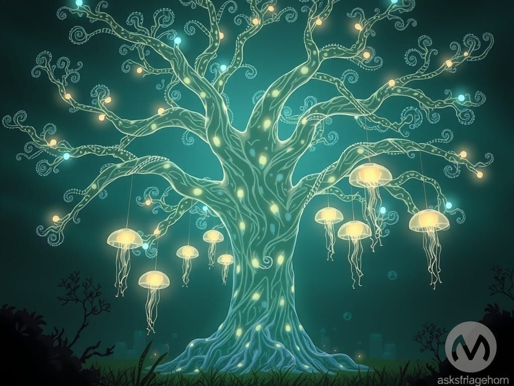 Ethereal Underwater Tree in a Dreamy, Bioluminescent Landsca...