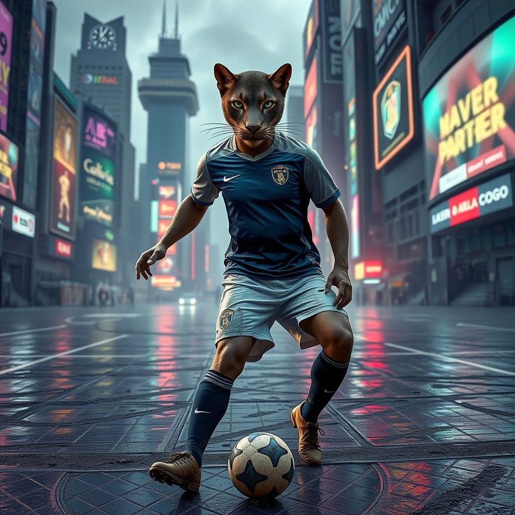 Futuristic Cyberpunk Soccer Player with Panther Head