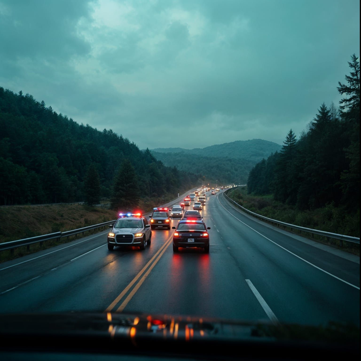 Driver's View of Expressway Roadblock in Stormy Weather