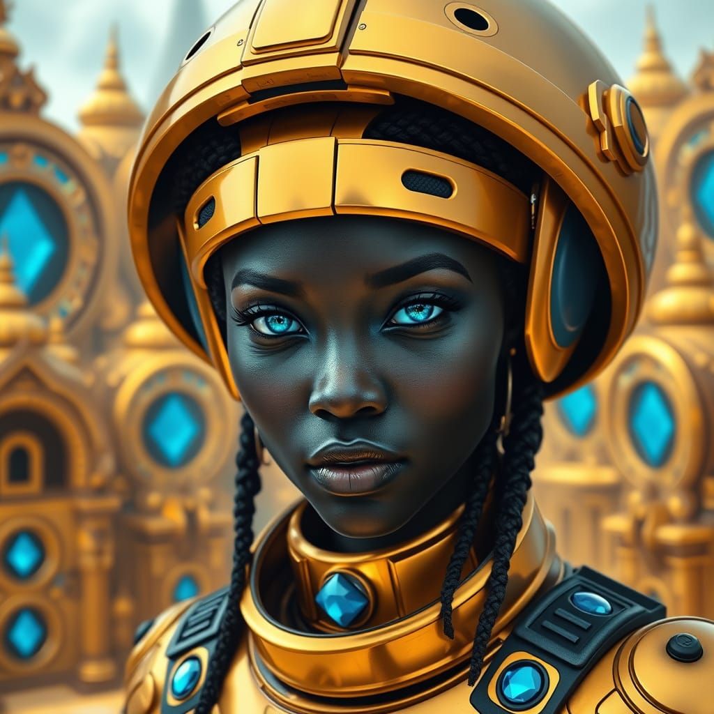 Futuristic Black Woman in Golden Cityscape