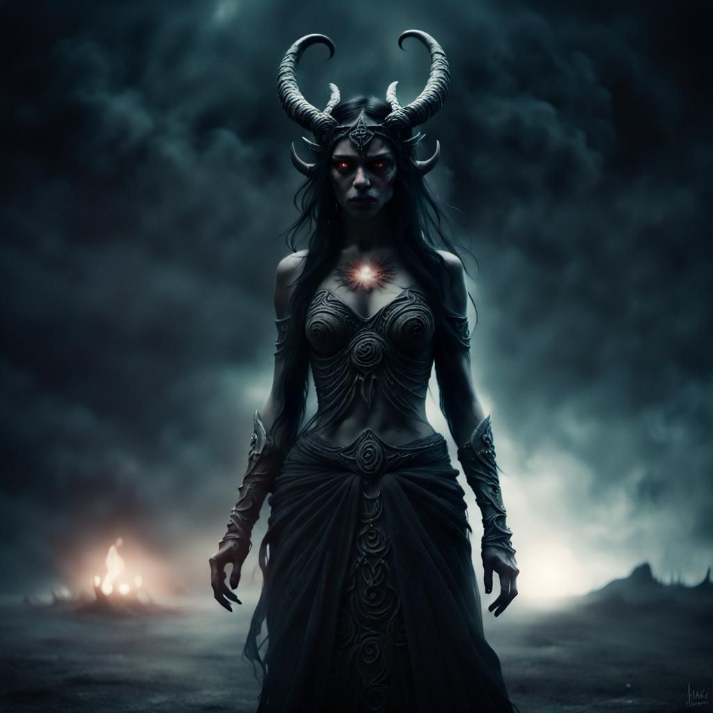 Heartbroken Demon Goddess in Dark Fantasy Landscape