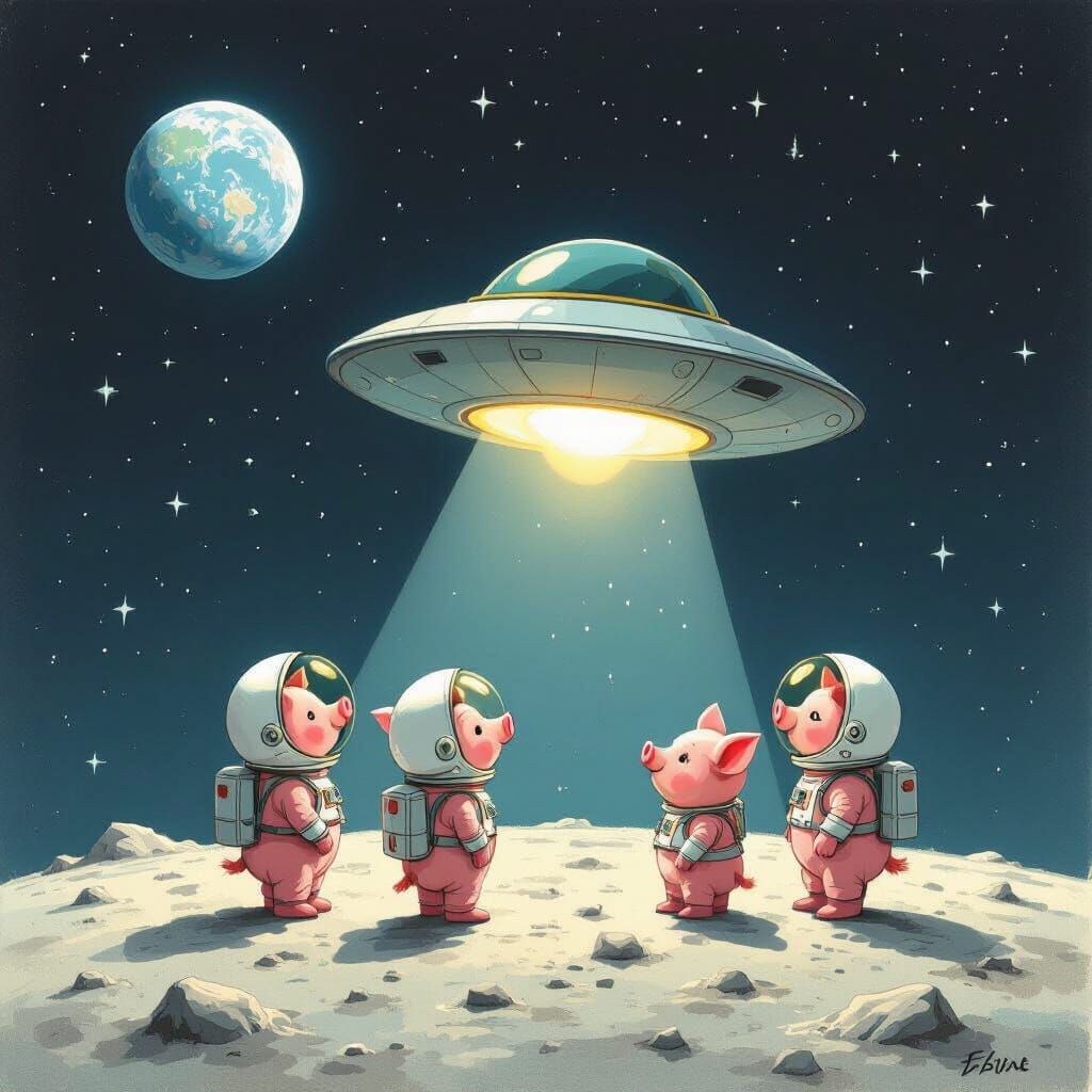 Three Pigs on Moon with UFO in Whimsical Storybook Style