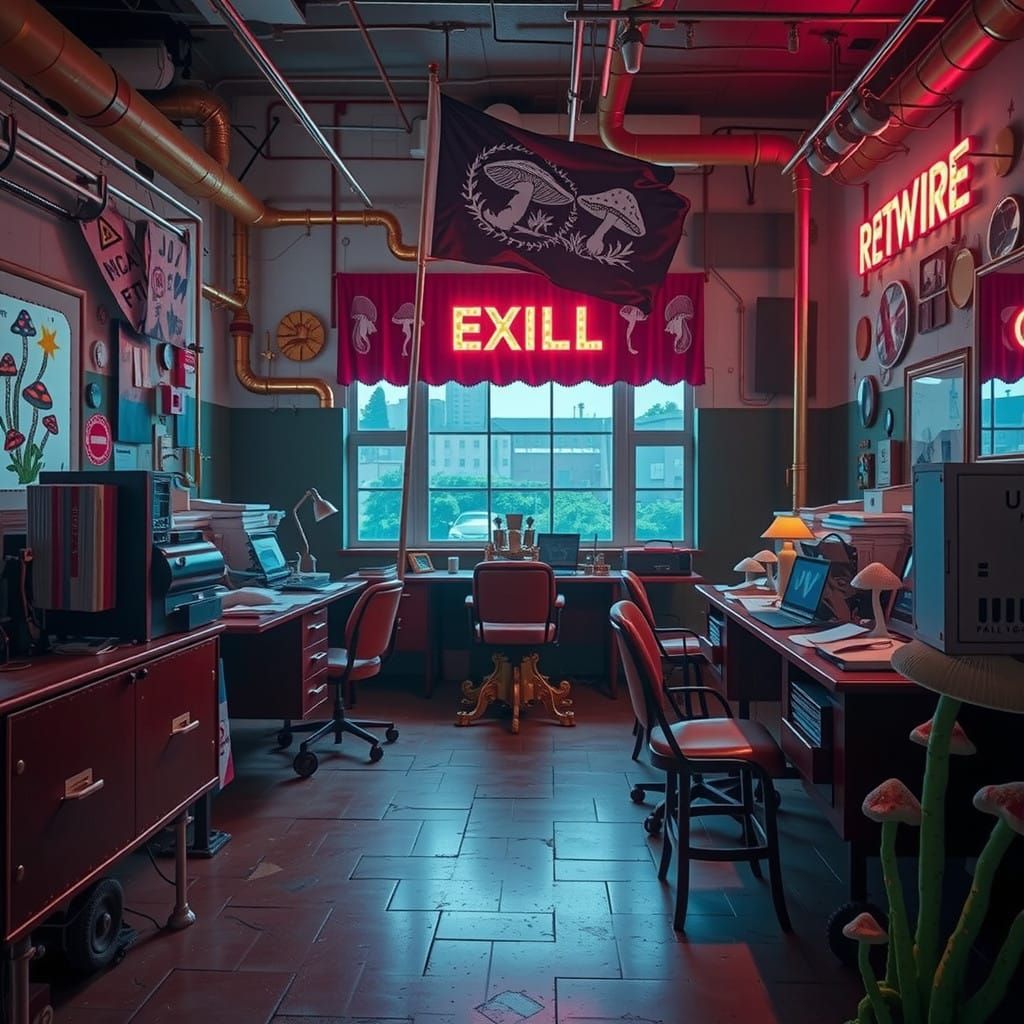 Steampunk Mushroom Flags Wave Amidst Bureaucratic Surrealism