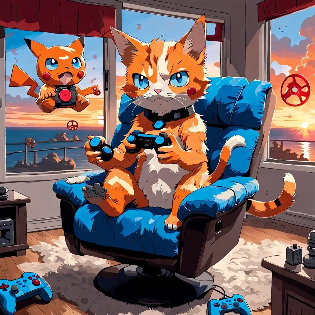 Pokemon Cat Gamer in Apocalyptic Sunset