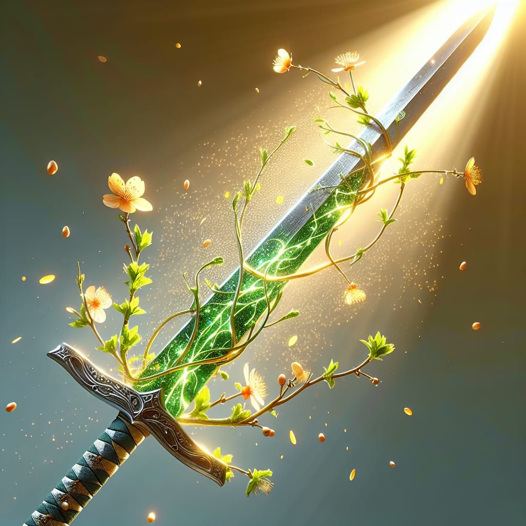 Spring Morning Sword with Dewdrop Sparkle and Emerald Vines