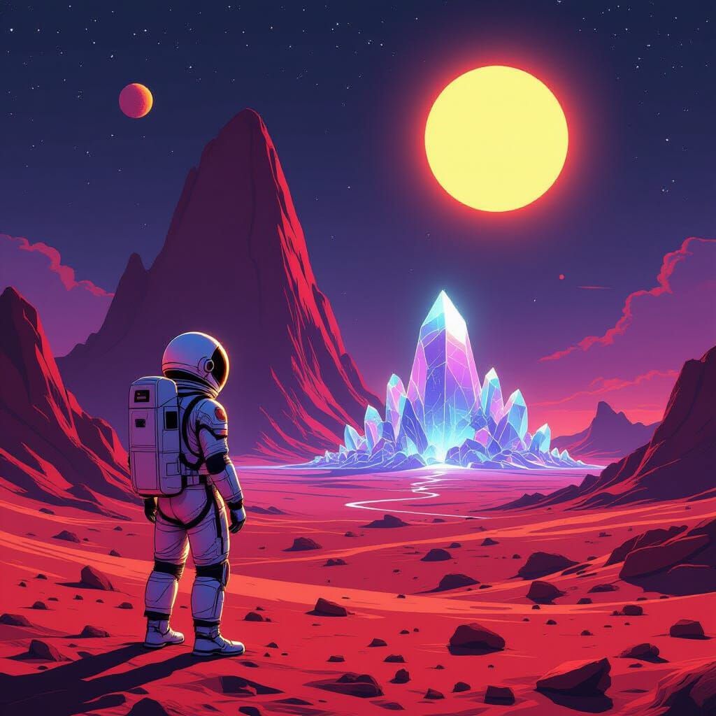 Astronaut Gazes at Crystal City on Alien Planet