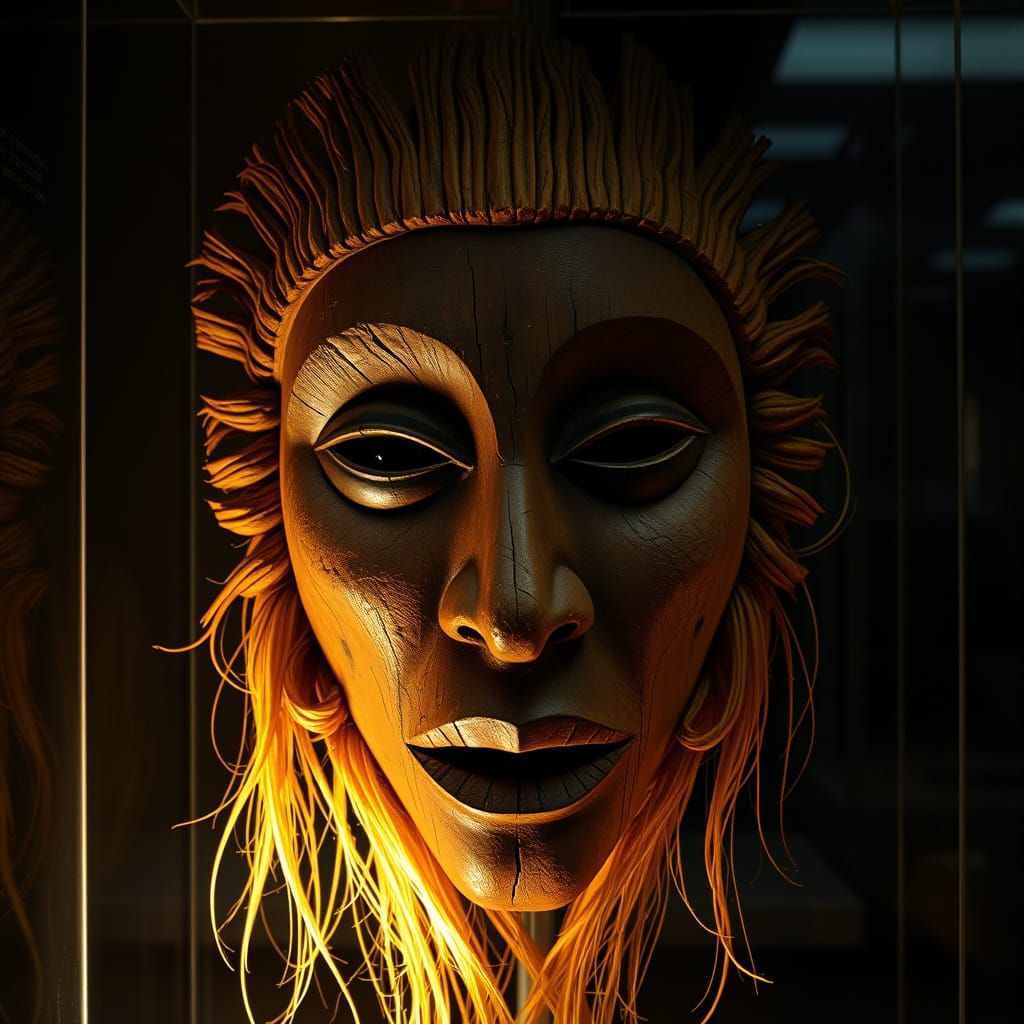 Ancient African Wooden Mask in Mystical Realism Style