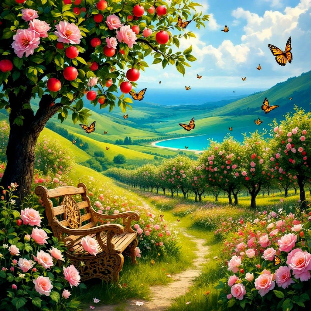 Vibrant Orchard with Apple Trees and Butterflies