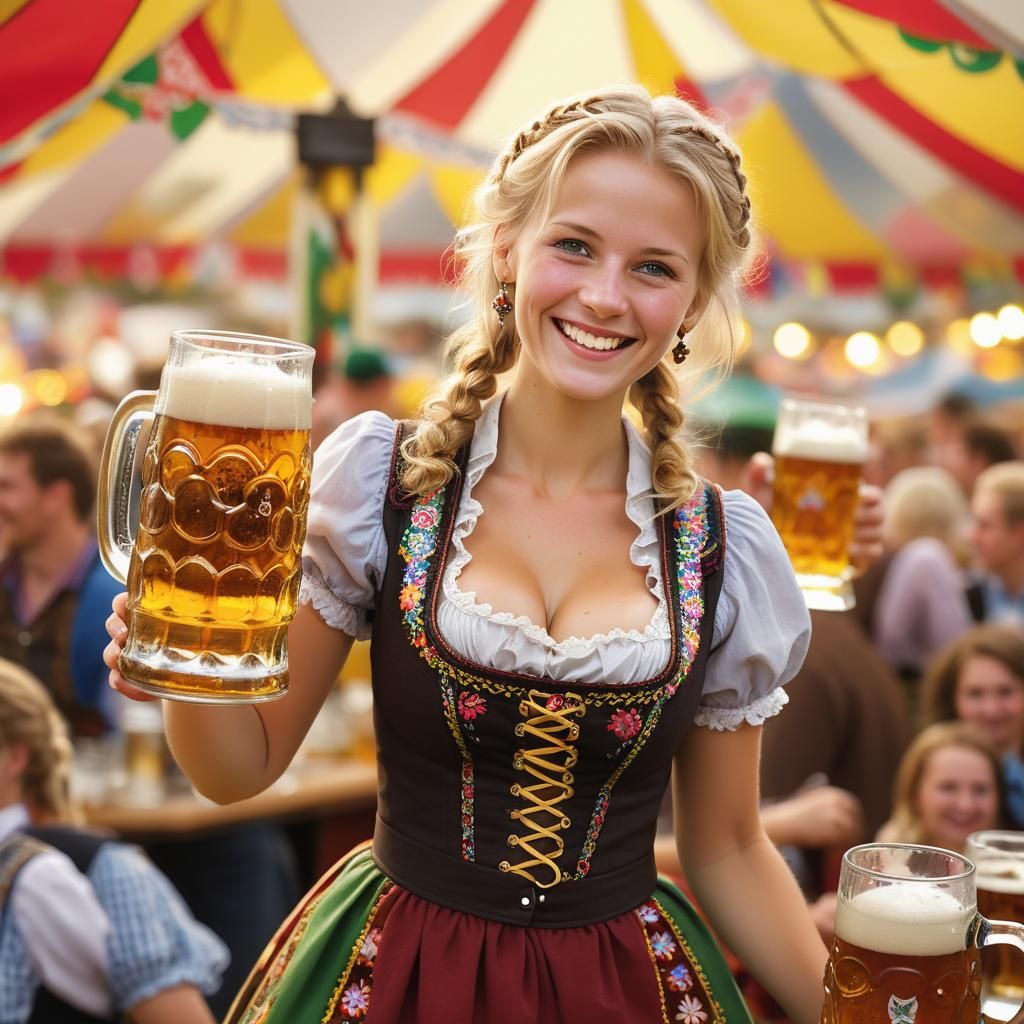 a woman in a dirndl carrying  two steins of beer