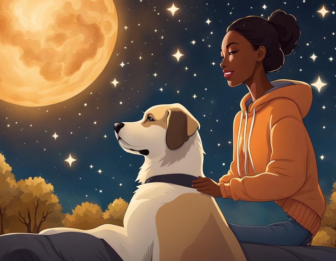 African-American Student Stargazing with Dog Illustration