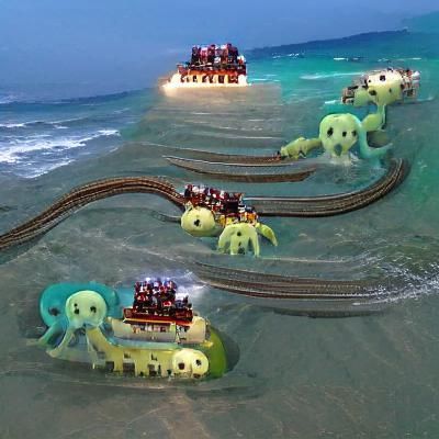 Octopus Train Journey in Bioluminescent Steampunk Style