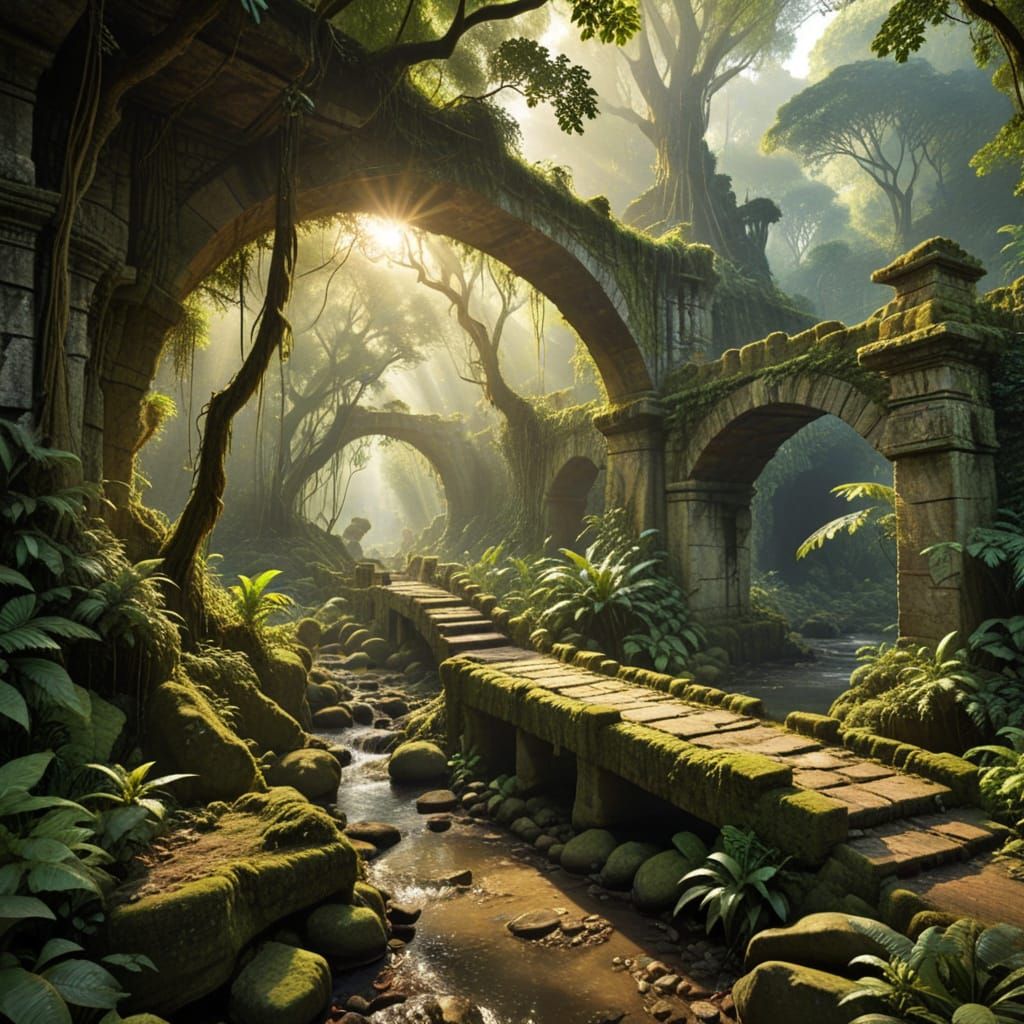 Weathered Ancient Bridge in Jungle Canopy