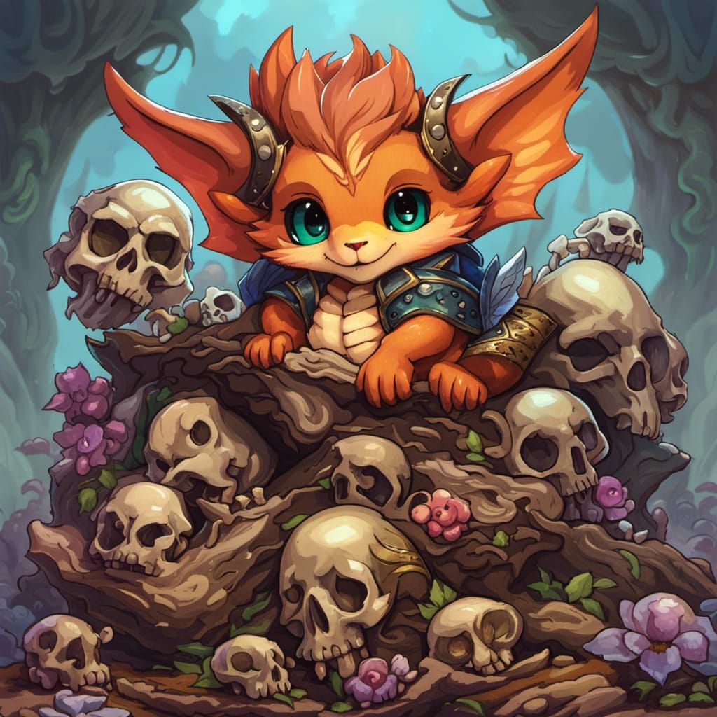 Adorable Chibi Dragon on Skull Pile