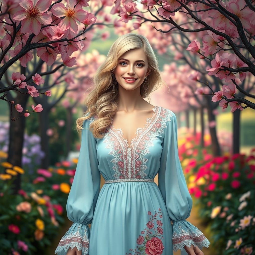 Elegant Blonde Woman in Rainbow Dress Strolling through a Dr...