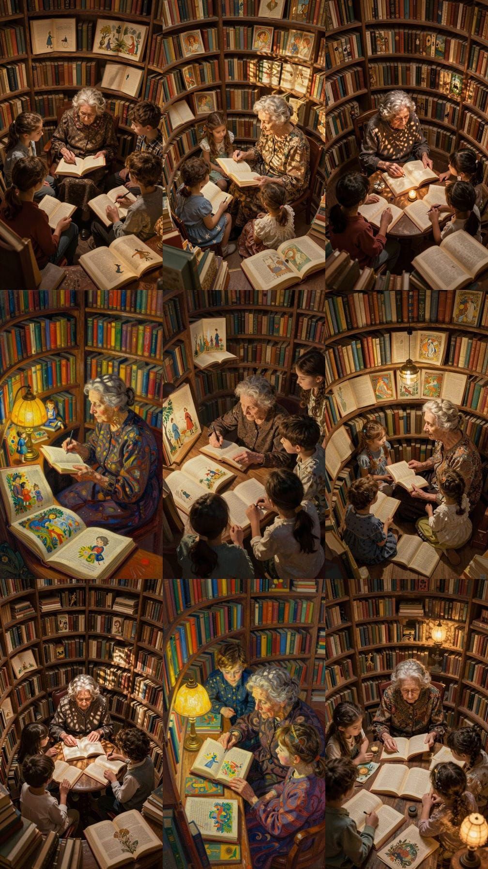Elderly Woman Sharing Stories in a Surreal Library