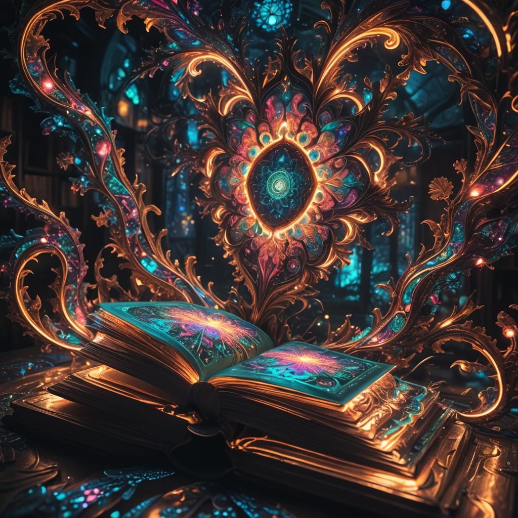 Enchanted Book with Neon Fractal Lights: Cinematic Still