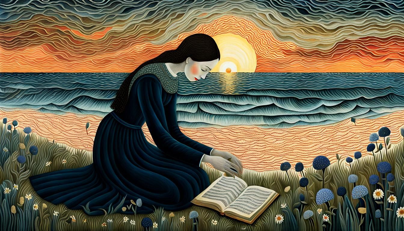 Woman Kneeling at Sunset: A Bio Art Collage