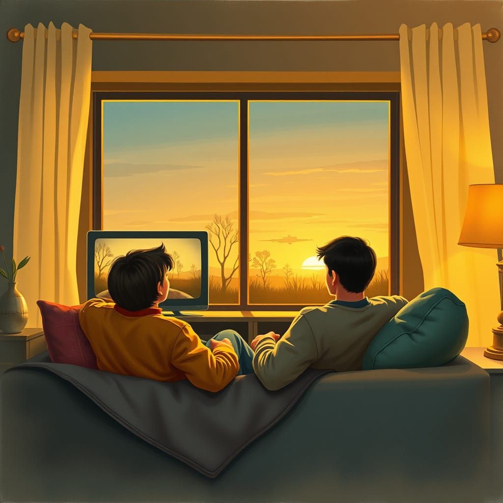 Cozy Morning Scene in Nostalgic Illustration Style