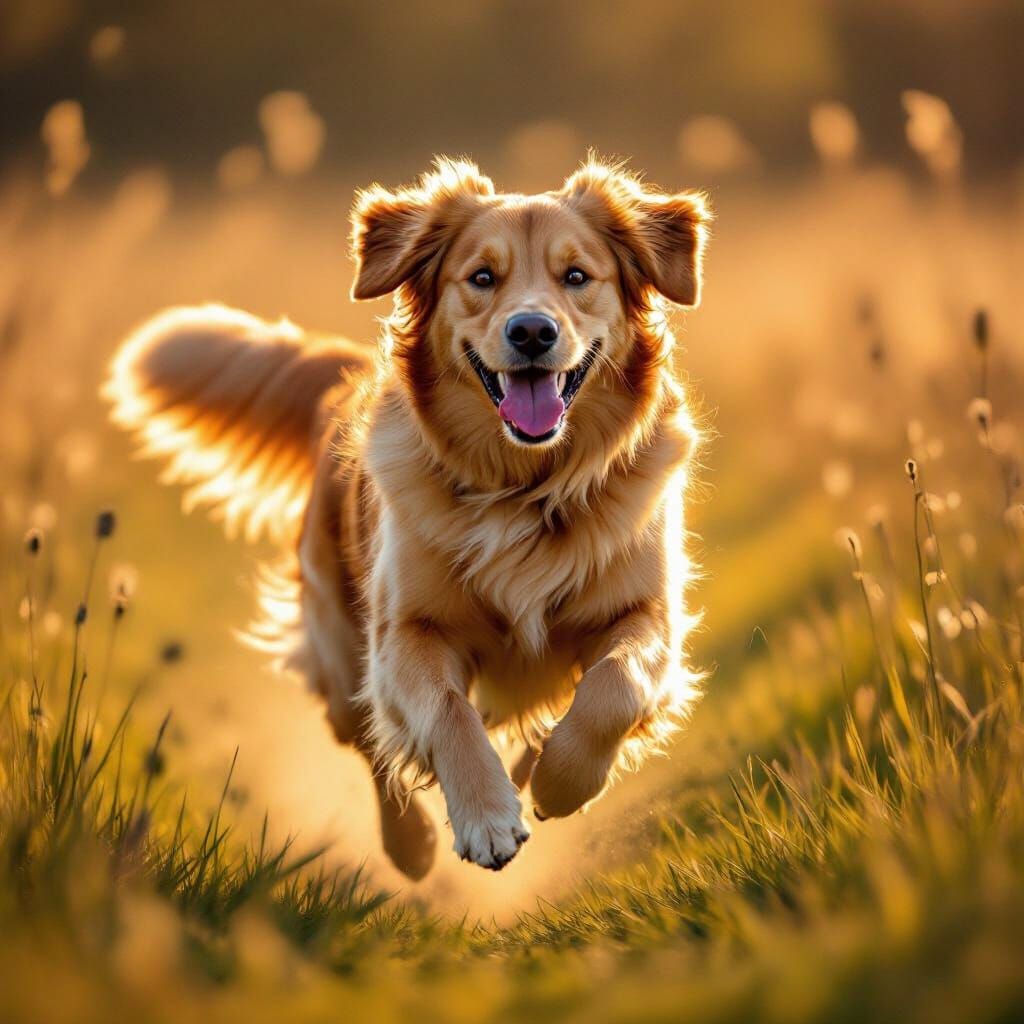 Golden Retriever Running Fast in Sunlit Meadow