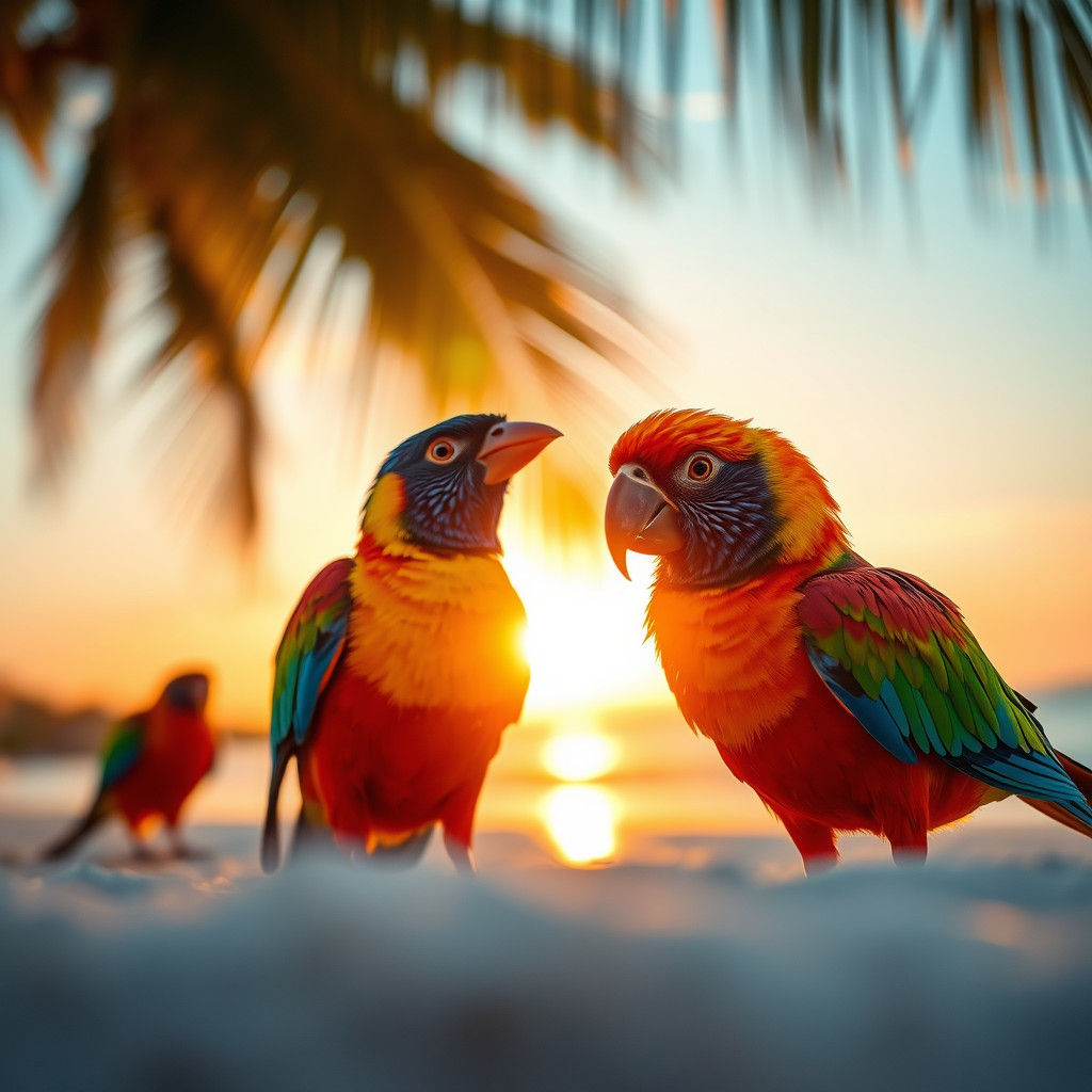 Exotic Birds in Golden Light: Hyper-Realistic Beach Sunset