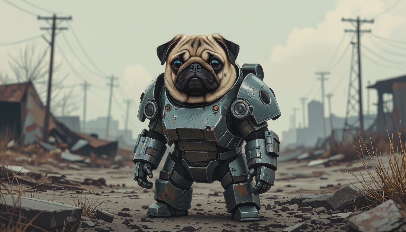 Pug in Fallout Power Armor in Cyberpunk Style