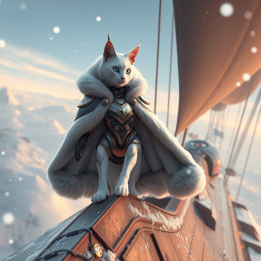 Majestic Anthropomorphic Cat on Futuristic Airship
