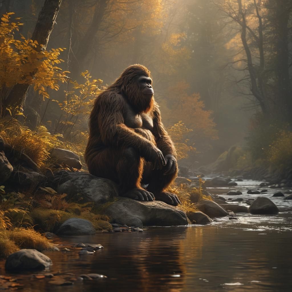 Sasquatch in Autumn Creek: Cinematic Digital Painting