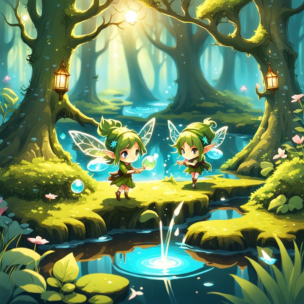 Magical Forest Scene with Chibi Mage