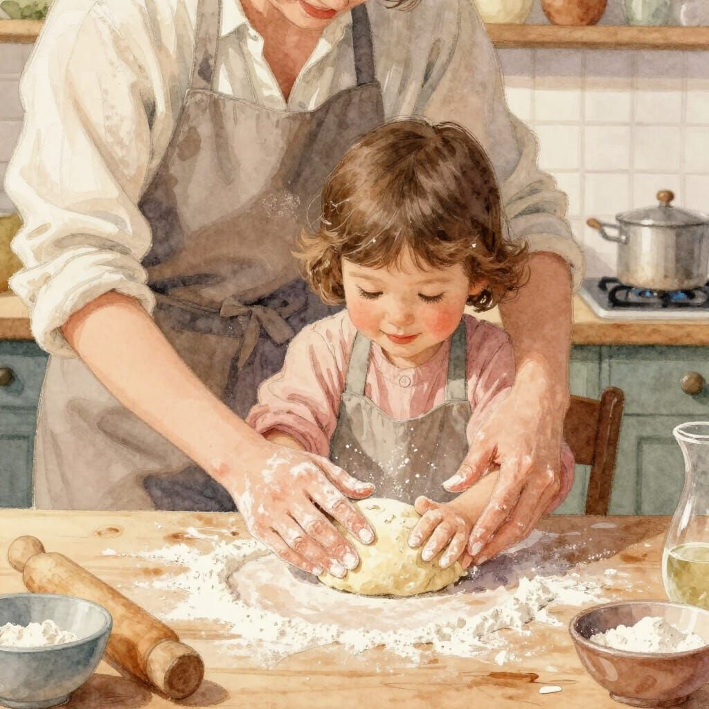 Parent and Child Kneading Dough Together in Cozy Kitchen