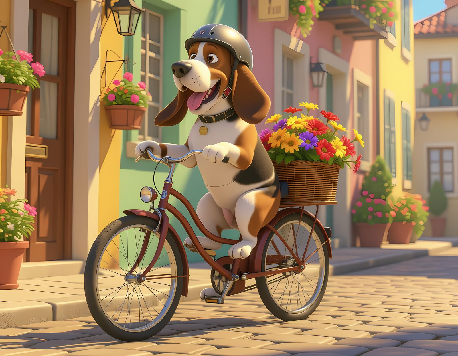 Basset Hound Rides Vintage Bicycle with Flowers