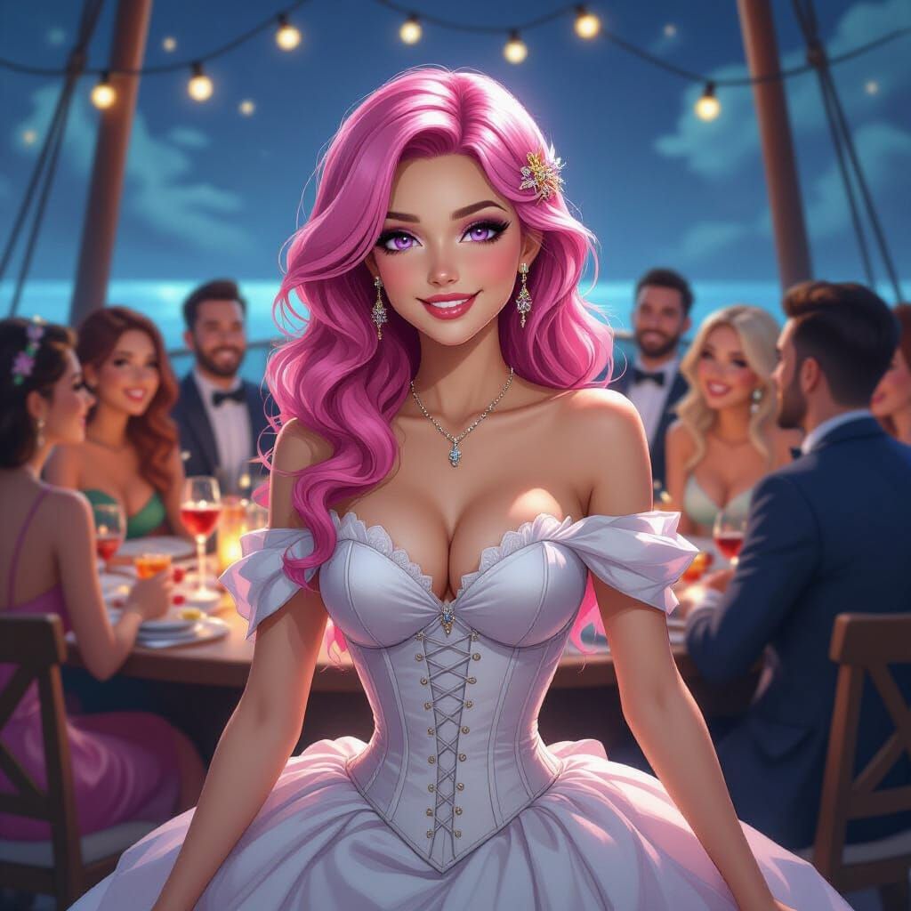 Festive Woman on Boat in Alcohol Ink Style