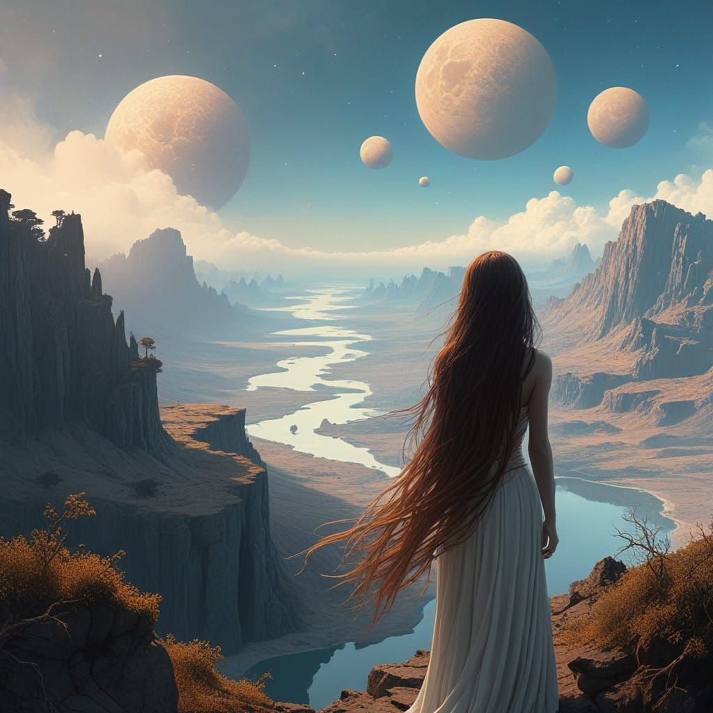 Mystical Priestess Gazing Across Eternity in Dark Surrealism