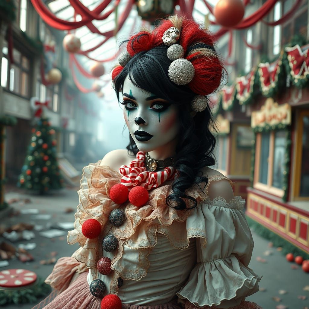 Mysterious Gothic Siren amidst Abandoned Christmas Wonderlan...
