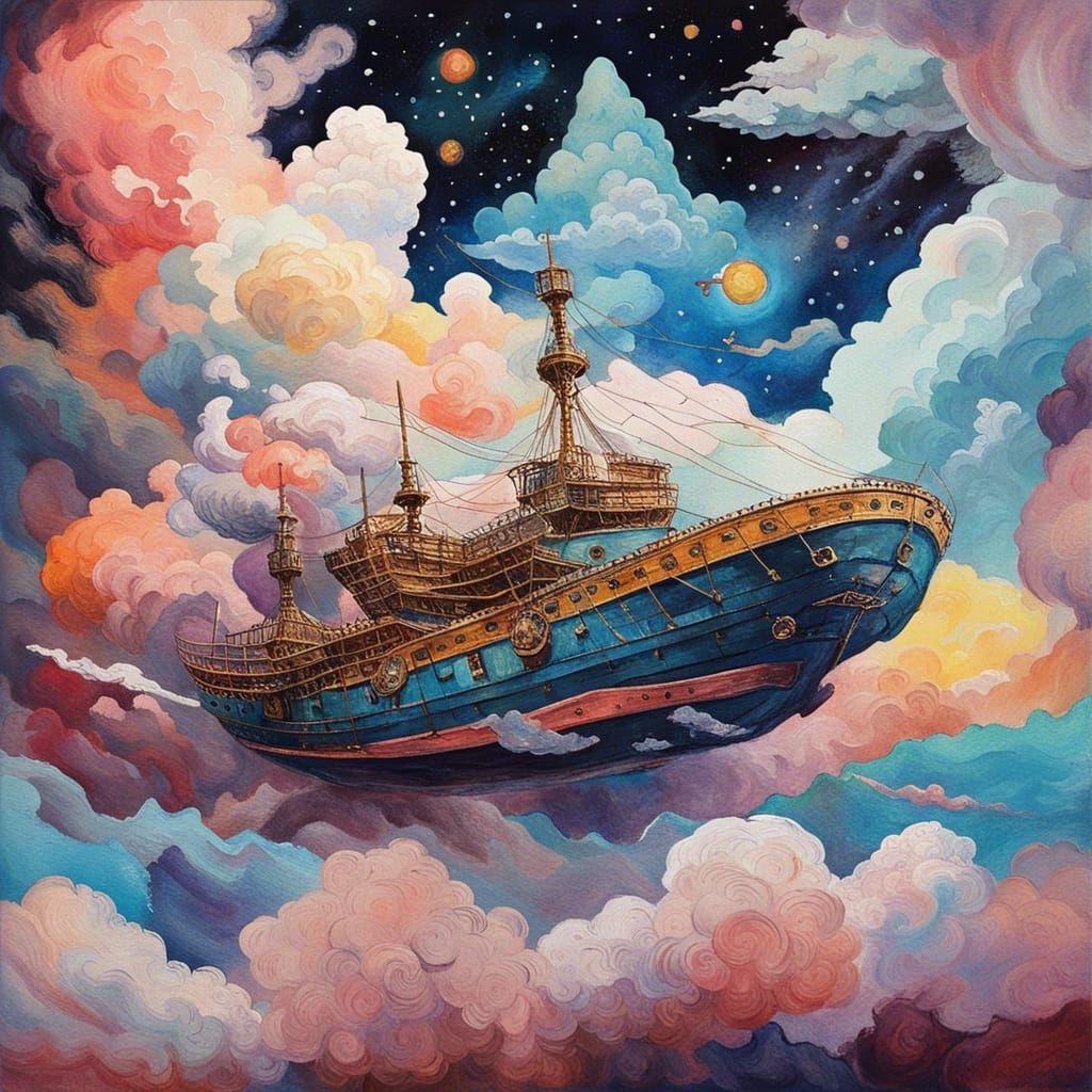 Cosmic Mysteries Unveiled: A Gouache-Style Cloudscape