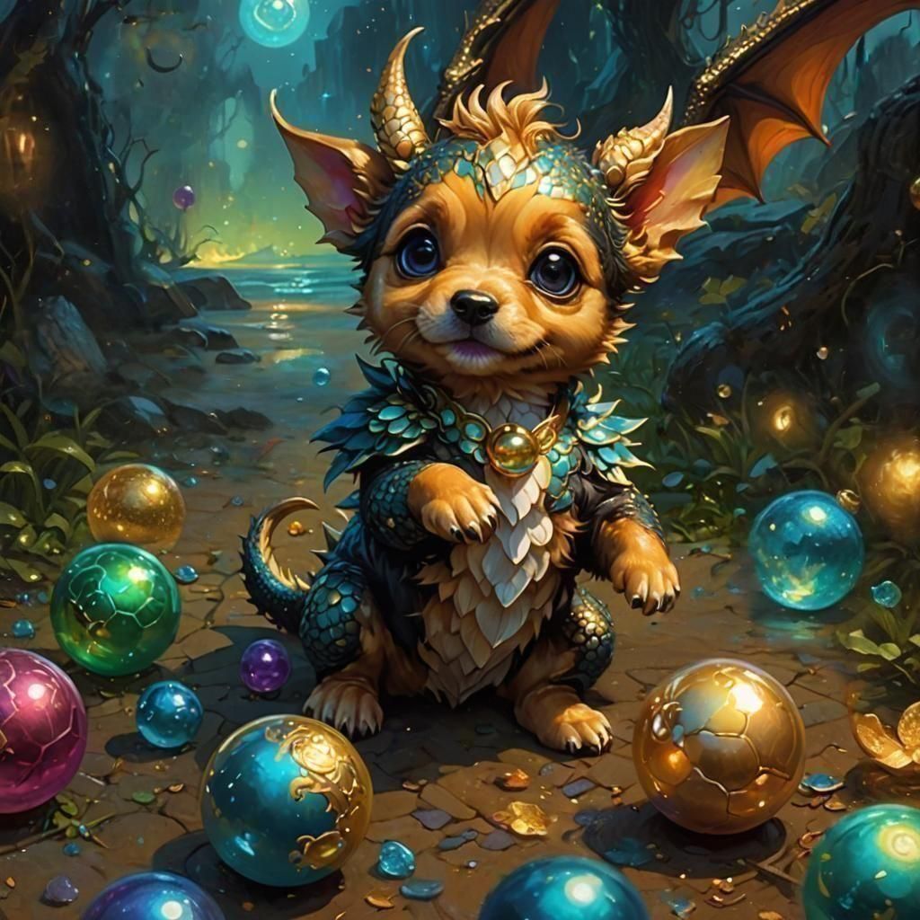 Chibi Dragon-Puppy with Ball in Dark Fantasy Style