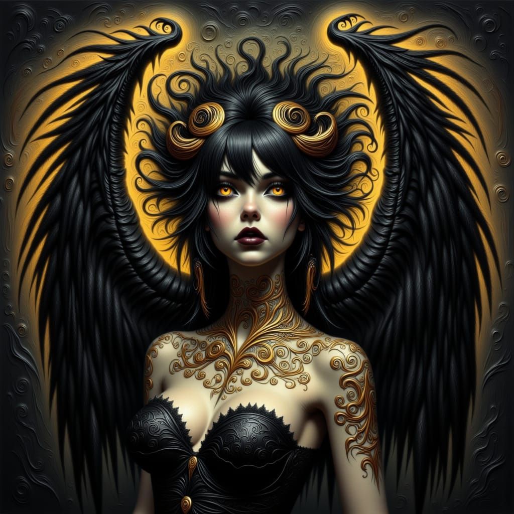 Majestic Aasimar Sorceress with Black Wings in Art Nouveau S...