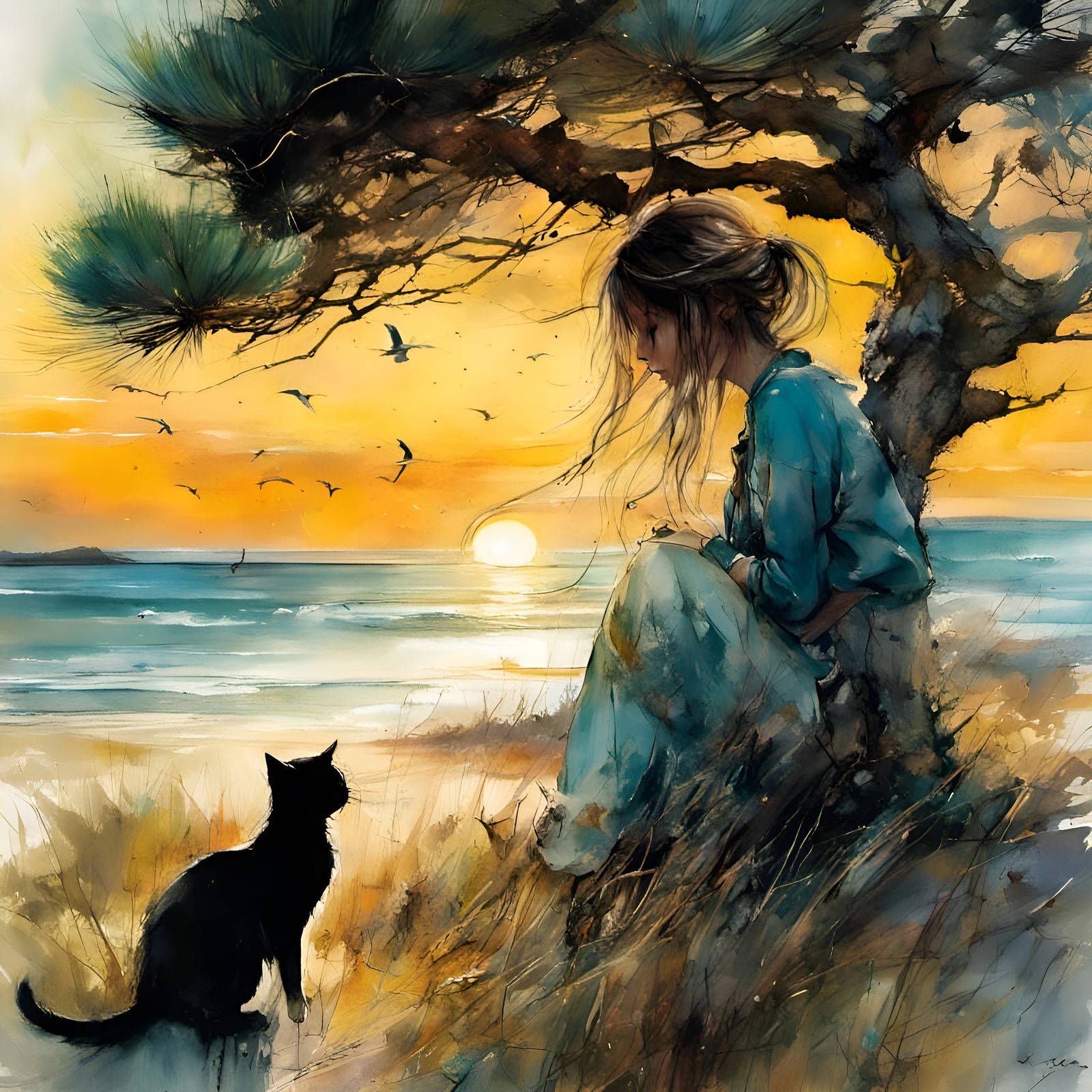 Girl and Cat Watch Sunset on Windy Beach