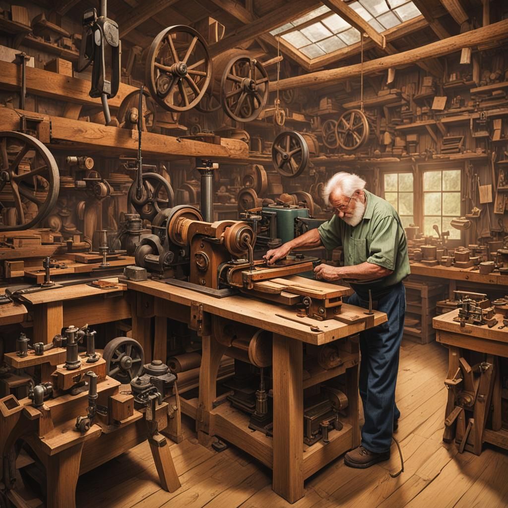 Vintage Woodshop Scene with Belt-Driven Machines