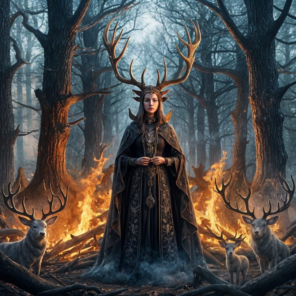 Goddess and Antlered Companion by Forest Fire