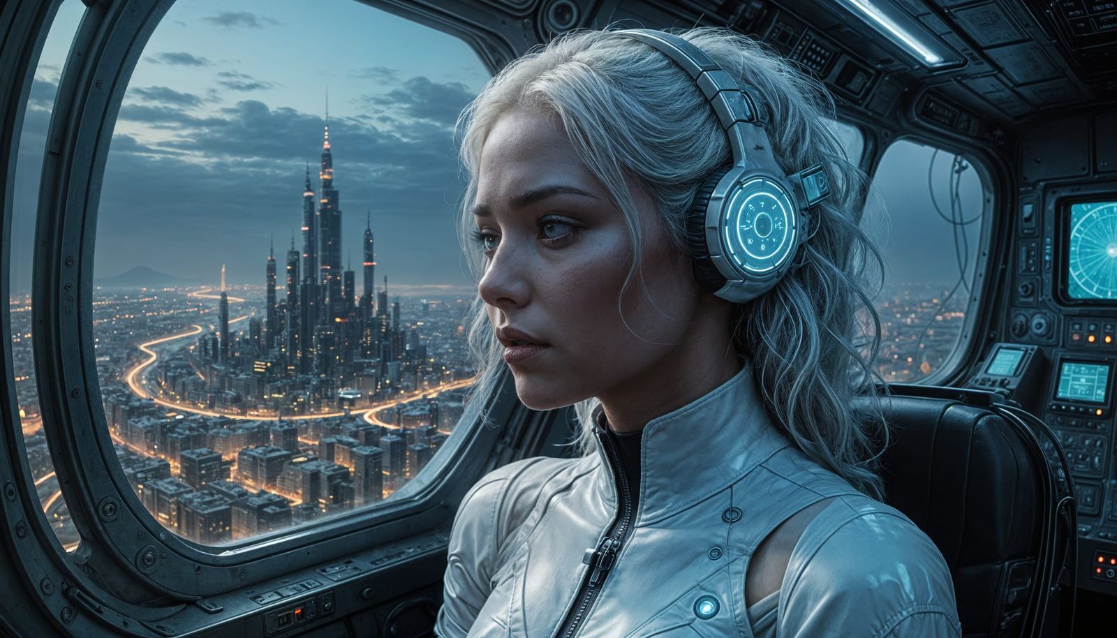 Cyberpunk Airship Passenger in Futuristic Cityscape