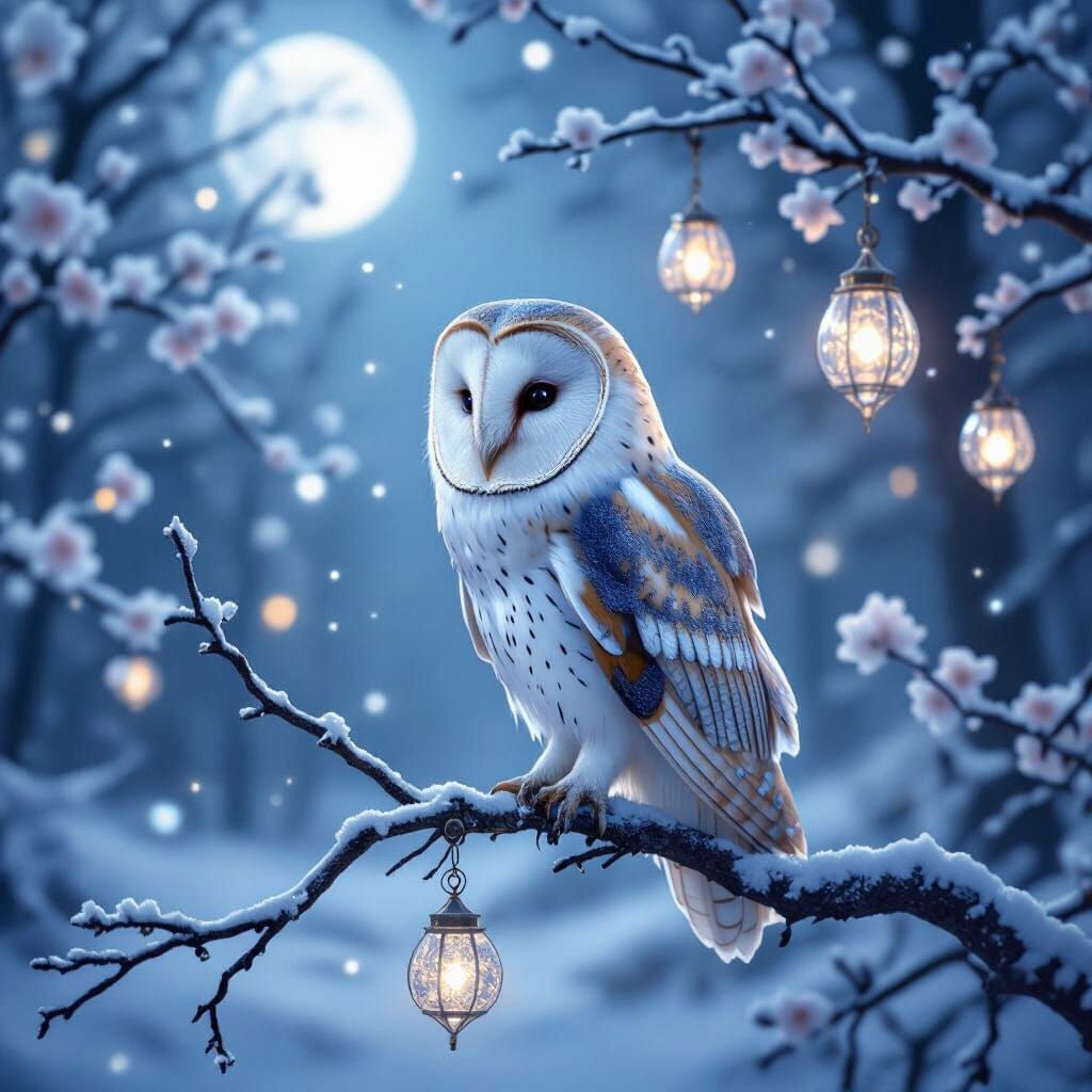 Majestic Barn Owl in Moonlit Winter Sakura Forest