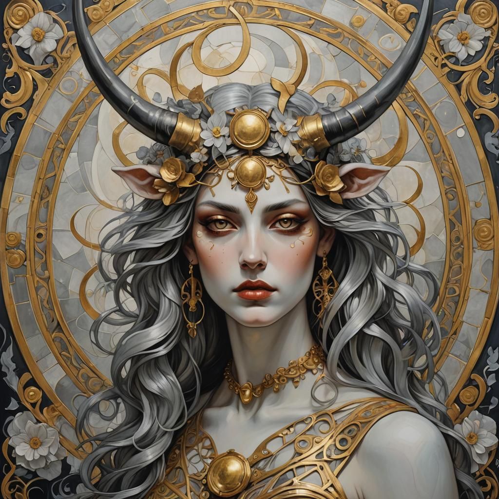 Gothic Surreal: Taurus Goddess in Silver and Gold