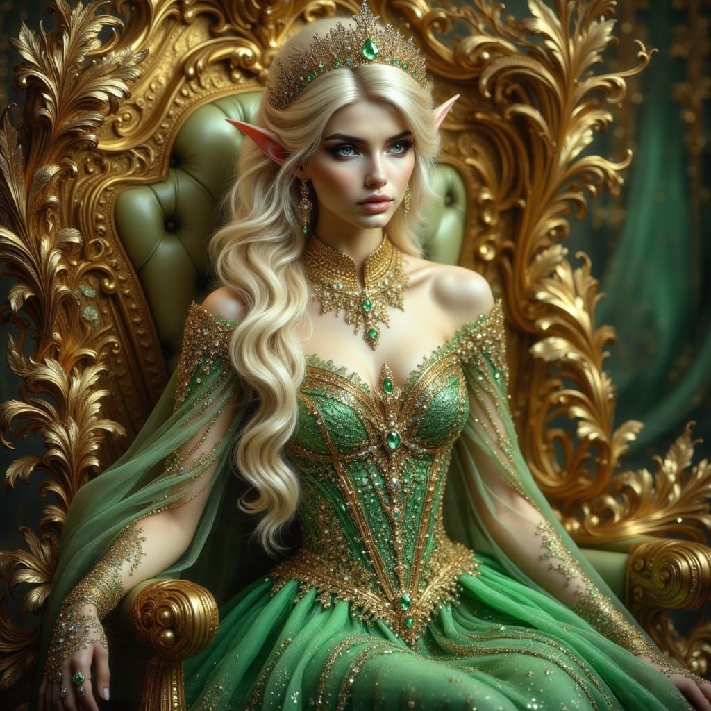 Regal Elf on Throne in Dystopian Art Nouveau