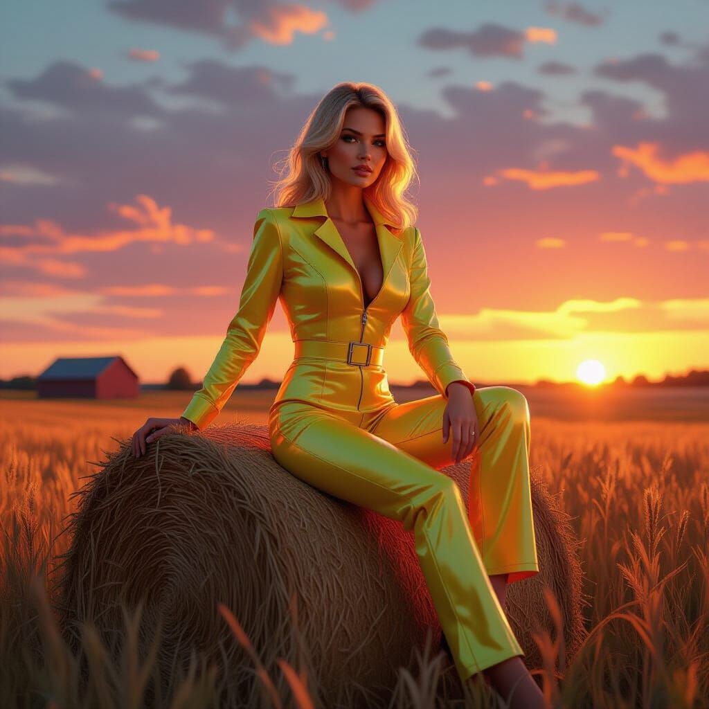Blonde Woman in Neon Jumpsuit on Hay Bale