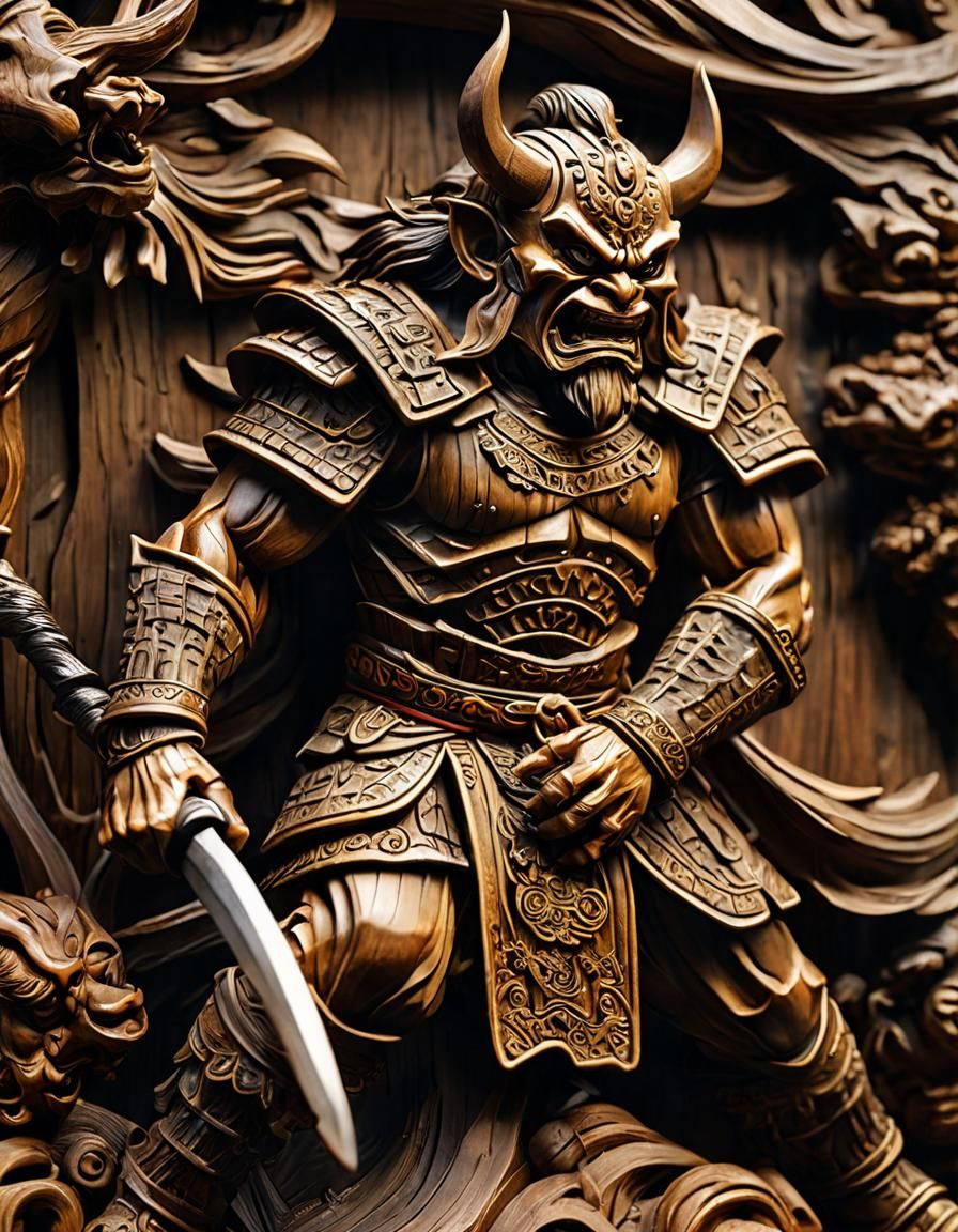 Hyperdetailed Wooden Carving: Oni vs Samurai