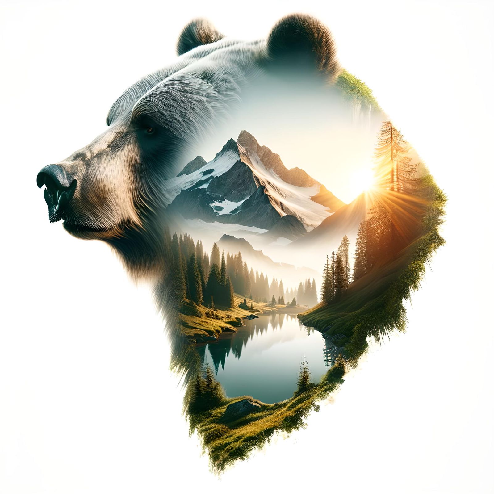 Epic Double Exposure of Bear and Mountain