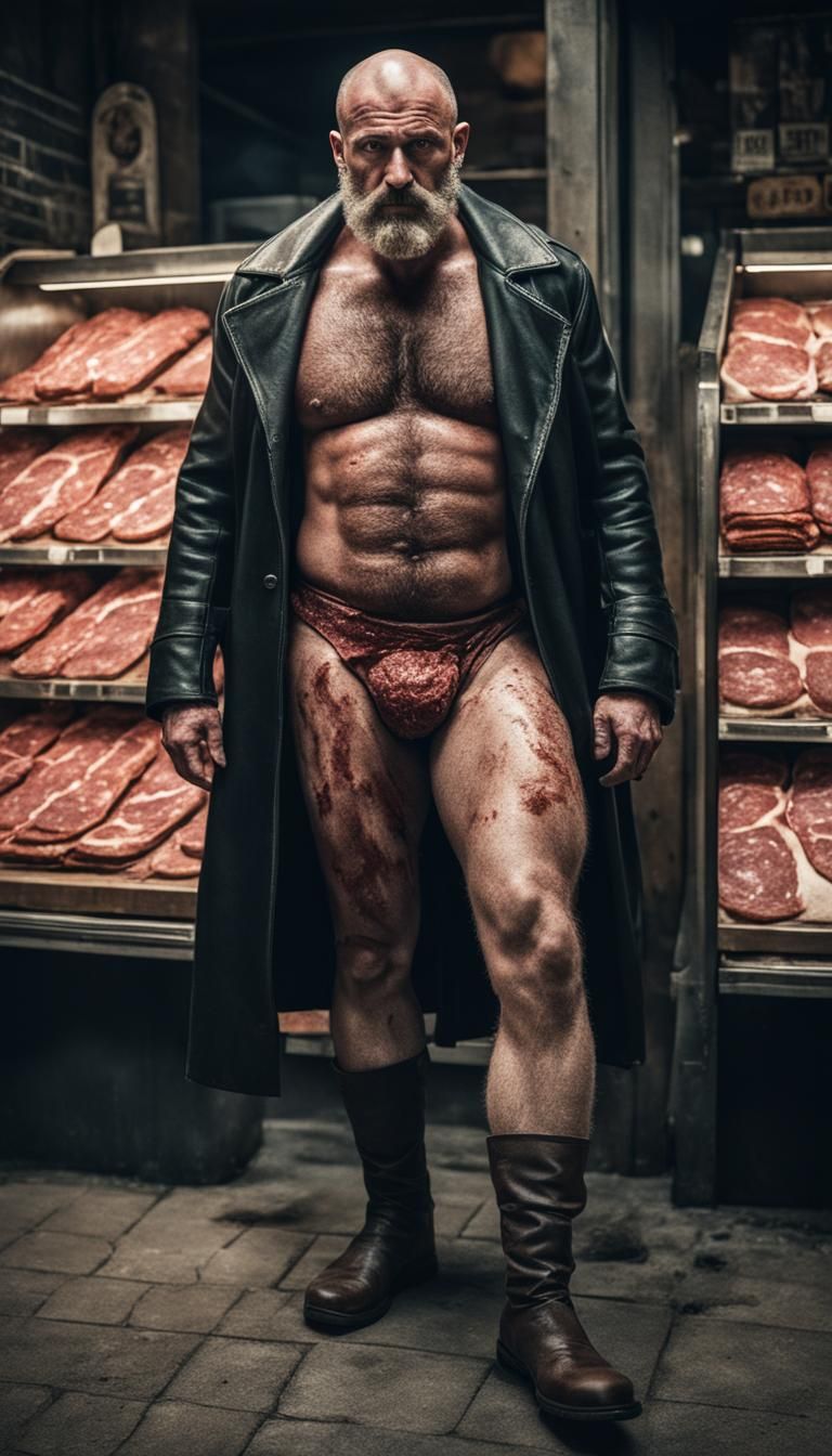 Cinematic Film Still of a Butcher with Meats