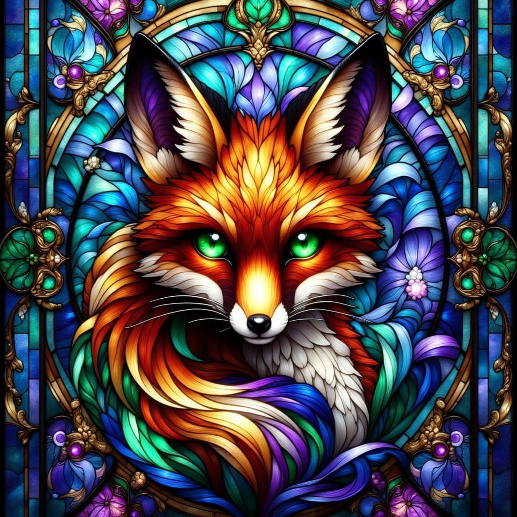 Vibrant Stained Glass Fox in Dreamlike Landscape