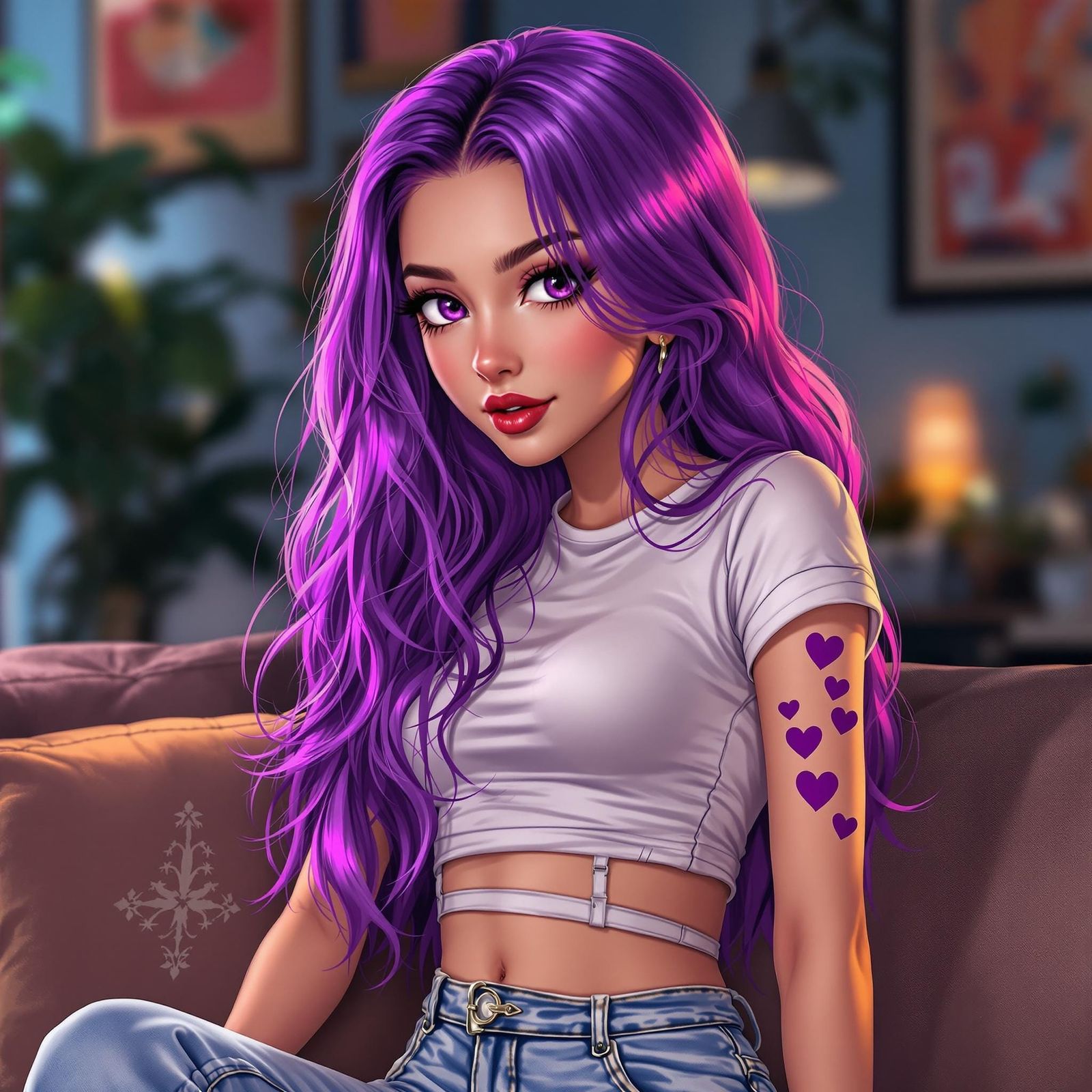 Girl with Vibrant Purple Hair and Heart Tattoos in Futuristi...