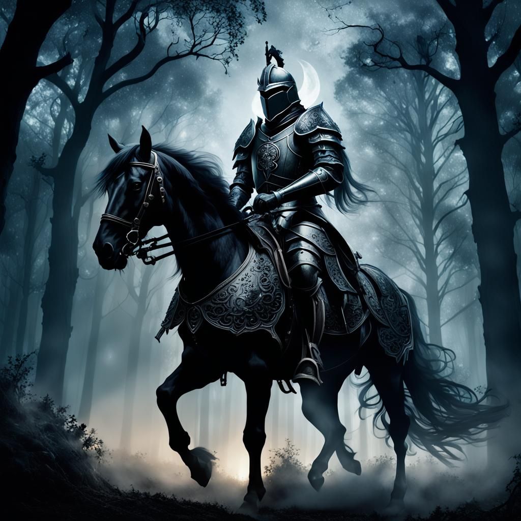 Black Knight in Misty Forest: Dark Fantasy Illustration